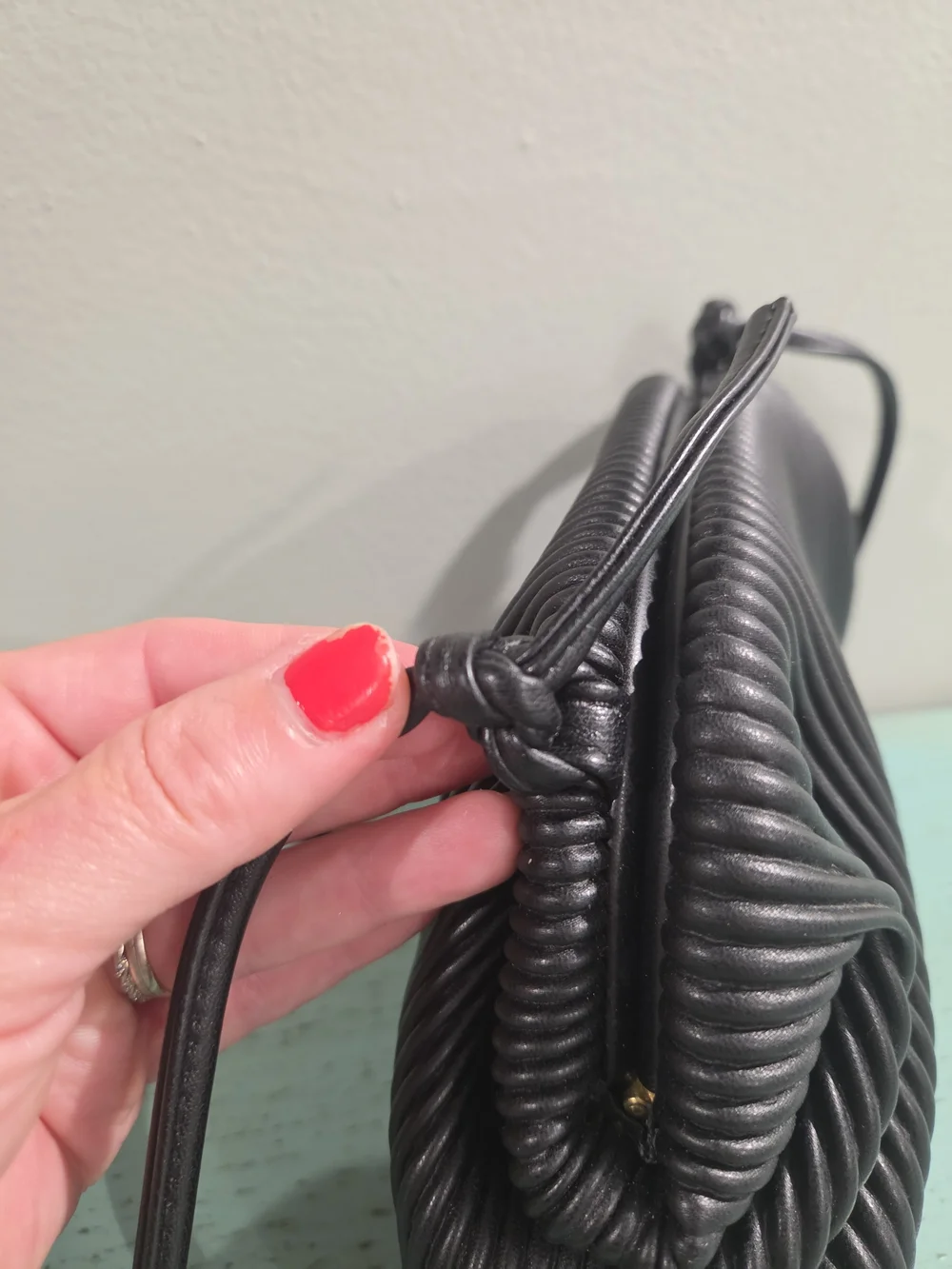 KingTo Black Ribbed Vegan Leather Cloud Crossbody Bag
